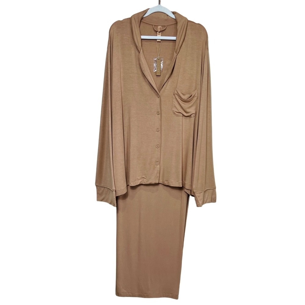 SKIMS Sleep Set Long Sleeve Pajama Top + Pants Ochre 3X - Picture 2 of 12